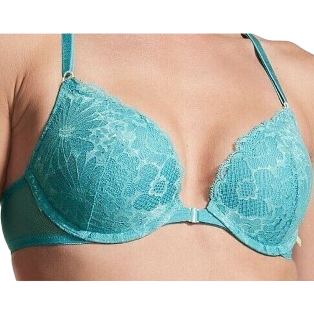 Victoria Secret Extreme Lift Lace Push Up Bra Front Closure Plunge Teal Blue 36D